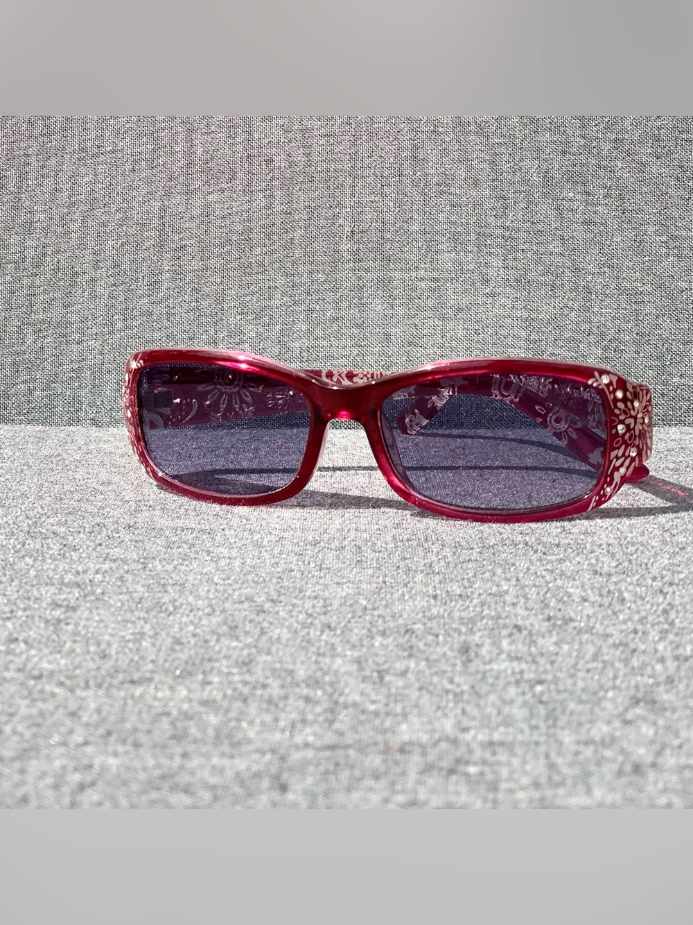Burgundy Berry Floral Rectangle Sunglasses Rhinestone Detail